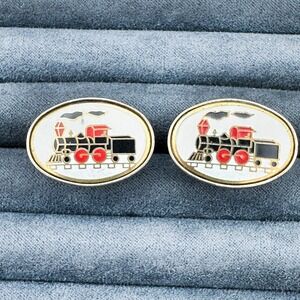 Vintage Gold Tone Enamel Train Locomotive Cufflinks PAT 2472958 Oval